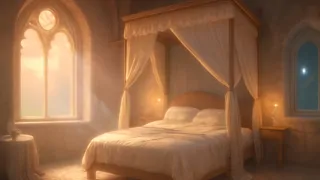 Prince Lucien leaning to kiss the sleeping princess amid golden light