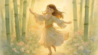 Prinzessin Kaguya spielt zwischen Bambus und Wildblumen, ihre jugendliche Gestalt strahlt vor Licht.
