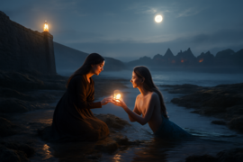 Seaweed-crowned mermaid guiding fishermen in gentle currents amid dusk-lit shores