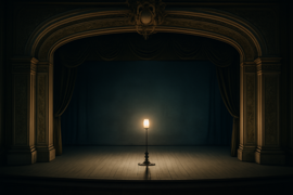 Leerer Bühnentrog, beleuchtet von einem einzigen Geisterlicht in einem dunklen Theater