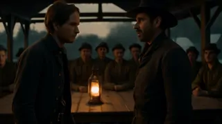 Une confrontation tendue entre le capitaine Sinclair et Bauer, sous le regard vigilant des autres soldats du camp.