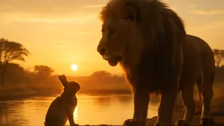 Ein Kaninchen spricht bei Sonnenaufgang mit dem Löwen.
