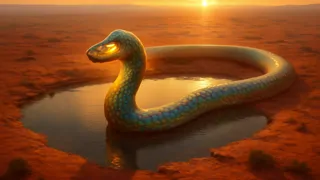 A Serpente do Arco-Íris saindo de uma piscina oculta, suas escamas brilhando com tonalidades iridescentes sob um céu pálido ao amanhecer.