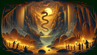 Moonlit Rainbow Serpent weaving through La Toc’s waterfall mist