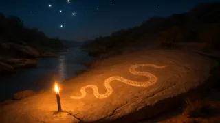 Antigas esculturas aborígines ao longo de uma margem de rio, retratando a Serpente Arco-Íris sob céus estrelados.
