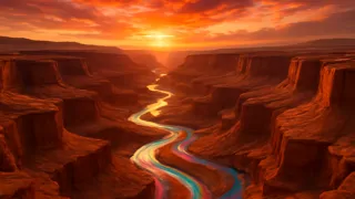 Rios prateados serpenteando por cânions de arenito vermelho sob um pôr do sol dourado, moldados pela Serpente Arco-Íris