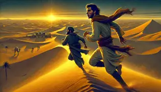 Rami and Ibrahim flee across the desert as the oasis vanishes behind them, golden dunes stretching endlessly under the rising sun.