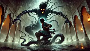 Rami Al-Farid struggles as dark tendrils of shadow rise from the ground, binding him in the eerie oasis as the Djinn watches.