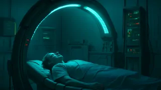 A patient lies in a reclining pod surrounded by intricate neural mapping scanners in a high-tech medical room