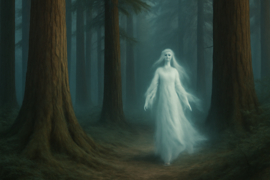 A pale, sorrowful woman in white drifting among massive redwood trees at twilight