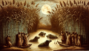 Hippos emerging among golden reeds as they speak a riddle to attentive fishermen