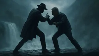 Holmes et Moriarty en train de lutter sur une corniche étroite au-dessus des chutes du Reichenbach la nuit