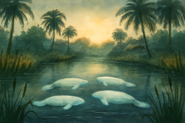 Ein Paar leuchtender Manati-Figuren, die aus dem ruhigen Wasser einer Resaca auftauchen, umgeben von üppiger Vegetation