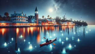 Kayak sous un ciel étoilé avec des silhouettes fantomatiques et des lumières scintillantes au-dessus de l'eau.