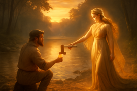 Woodcutter receiving the golden axe from the radiant goddess by the river