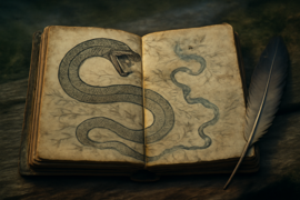 Altes Ledger mit Skizzen eines riesigen Serpents und Flusskarten