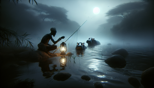 A lone fisherman near a misty riverbank listening to the rumbling voices of hippos beneath the moonlight