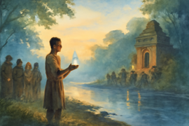 A young woman holding a glowing flask of enchanted water beneath moonlight with fireflies dancing