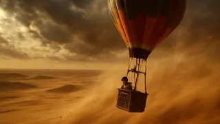Balão de ar quente navegando por uma feroz tempestade de areia sobre o Saara