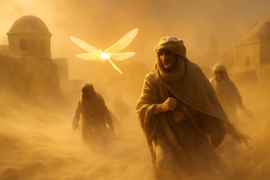 Nomads following a radiant dragonfly spirit through a fierce sandstorm