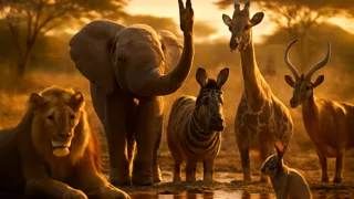 Tiere, die gemeinsam beim Sonnenuntergang in der Savanne feiern