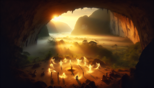 Children following a childlike spirit dance inside Cueva Ventana