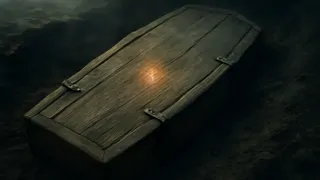 Wooden coffin sealed tightly with metal clasps and faint heartbeat echo inside