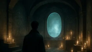 Une chambre circulaire secrète, éclairée par des lanternes fantomatiques, présentant un coffre alchimique et un miroir luminescent.