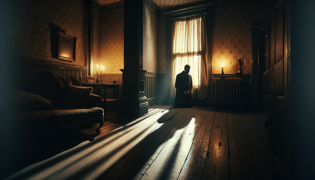 A lone man standing in the corner of a candlelit room as shadows stretch across walls