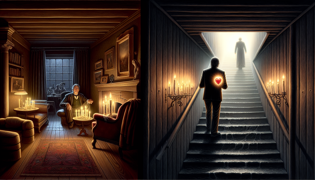 A man holding a glowing heart in a moonlit stone chamber