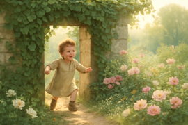 A small child sneaks through the broken wall to play in the giant’s restored garden
