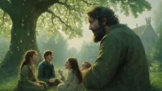 El gigante, alegre y en paz, se sienta con los niños bajo un grandioso castaño en plena floración.
