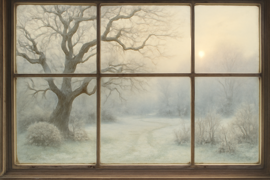 The deserted garden covered in snow as the giant watches from his window