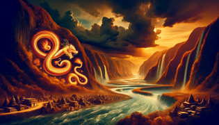 Rainbow Serpent redirecting floodwaters during a relentless storm