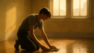 Domestic servant cleaning the embassy hallway with polished wooden floors