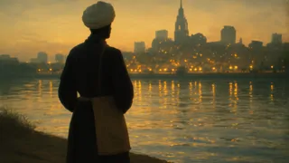 Servant gazing at Thames river across London skyline at dusk