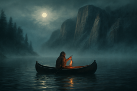 A ghostly canoe gliding across mist-covered lake at night with flickering lantern light