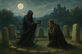 A masked figure offering a golden chalice before a trembling master