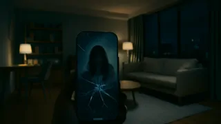 A cracked smartphone screen showing a ghostly figure behind a writer’s desk