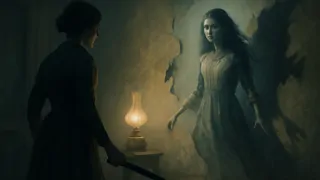 A ghostly woman emerging from behind torn yellow wallpaper as debris and dust swirl around her