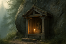 A moss-covered mountain shrine illuminated by candlelight with an ancient pine overhead