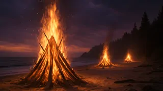 Dramatische Aussicht auf ein Signalfeuer, das am Strand bei Dämmerung lodert.