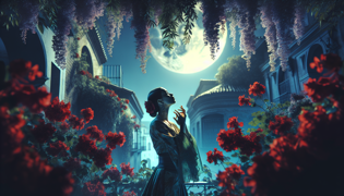 A ghostly woman pausing beneath a wrought iron balcony under moonlight