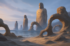 The Island of Giants with silhouettes of towering figures at dusk