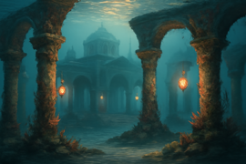 Ruins of a sunken city illuminated by the glow of a thousand lamps