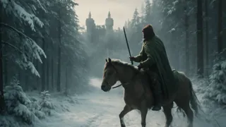 Sir Gawain rides resolutely through a frosted forest, cloak trailing behind under a pale sky.