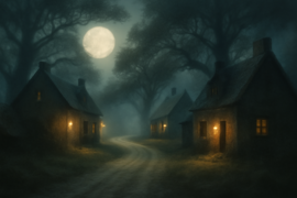 Estrada iluminada pela lua, serpenteando pelo vilarejo de Sleepy Hollow, com antigas luminárias que emitem um brilho suave.