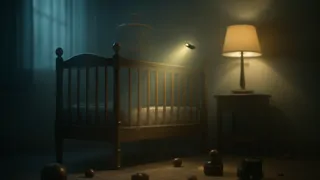 Uma pequena mosca pairando sobre o quarto de uma criança ao entardecer