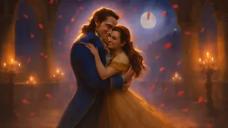 Belle embracing the transformed prince after the curse is broken