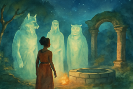 Three forest spirits—a bull of vines, a cloaked mist figure, and a fox of golden leaves—facing a brave young woman